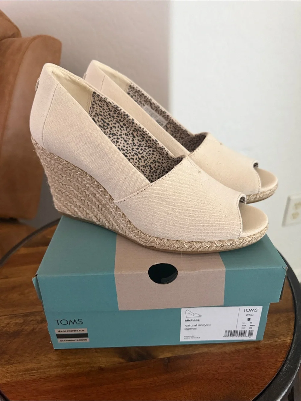 NIB-Toms Natural Canvas Peep-Toe Espadrille Wedges - Beige